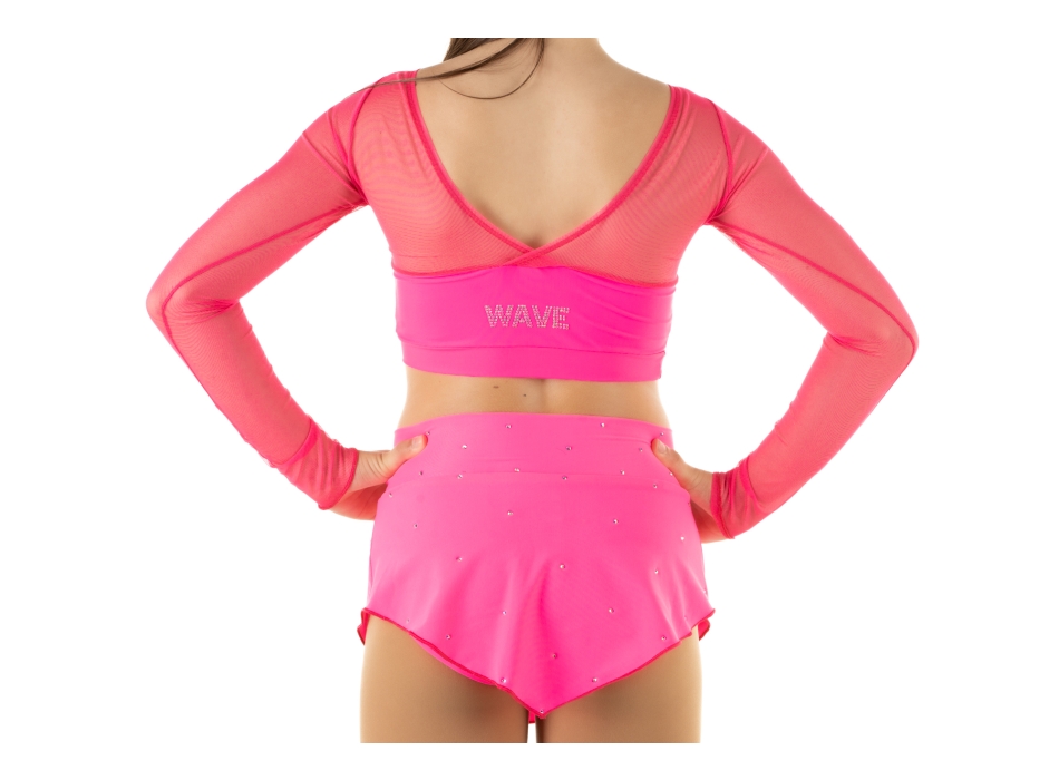 Wave Lycra and Mesh Sleeve Crop Top for Girls Fuchsia