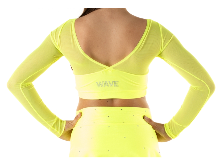 Wave Lycra and Mesh Sleeve Crop Top for Girls Yellow Fluo