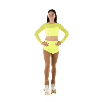 Wave Lycra and Mesh Sleeve Crop Top for Girls Yellow Fluo