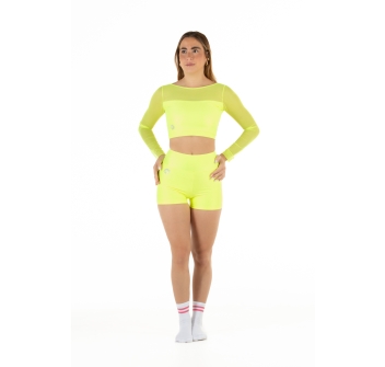 Wave Lycra and Mesh Sleeve Crop Top for Woman Yellow Fluo
