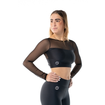 Wave Lycra and Mesh Sleeve Crop Top for Woman Black