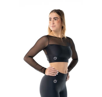 Wave Lycra and Mesh Sleeve Crop Top for Woman Black