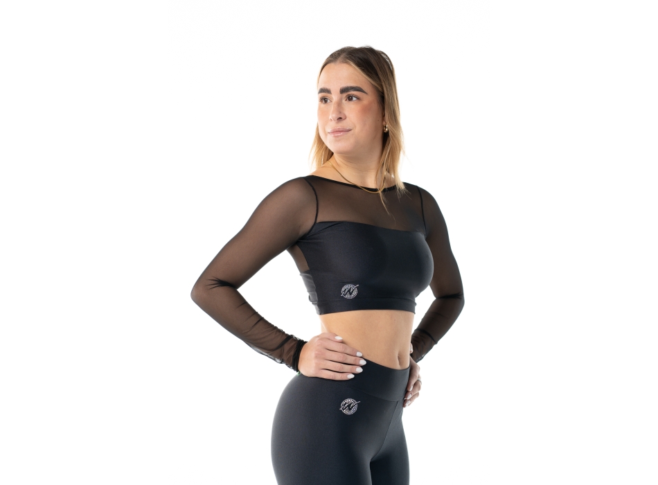 Wave Lycra and Mesh Sleeve Crop Top for Woman Black