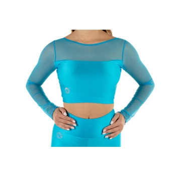Wave Lycra and Mesh Sleeve Crop Top for Woman Turquoise