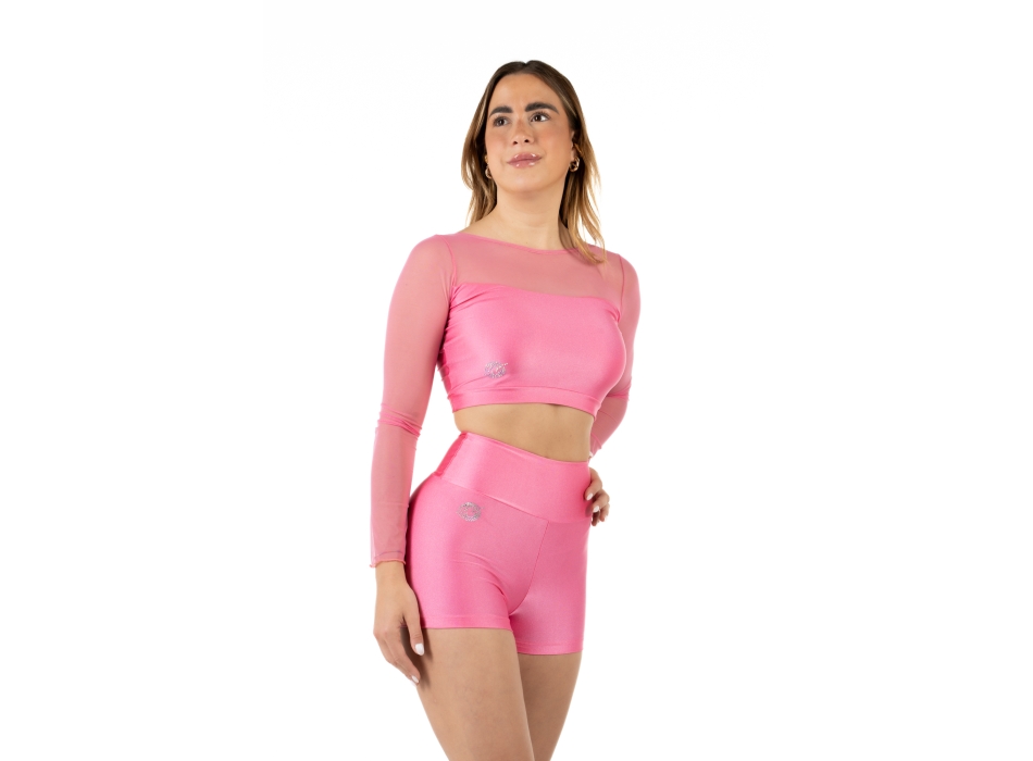 Wave Lycra and Mesh Sleeve Crop Top for Woman Purple